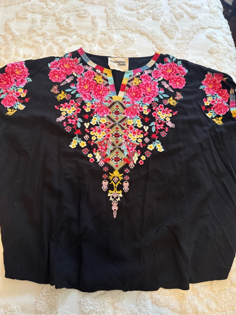 Savanna Jane Black V-Neck Top with Pink Floral Embroidery